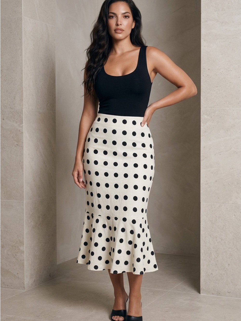 Polka Dot Cream Midi Skirt with Flounce